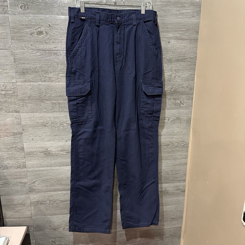 Carhartt Mens 33 X 34 Flame Resistant Original Fit Canvas Work Pants Blue Rugged